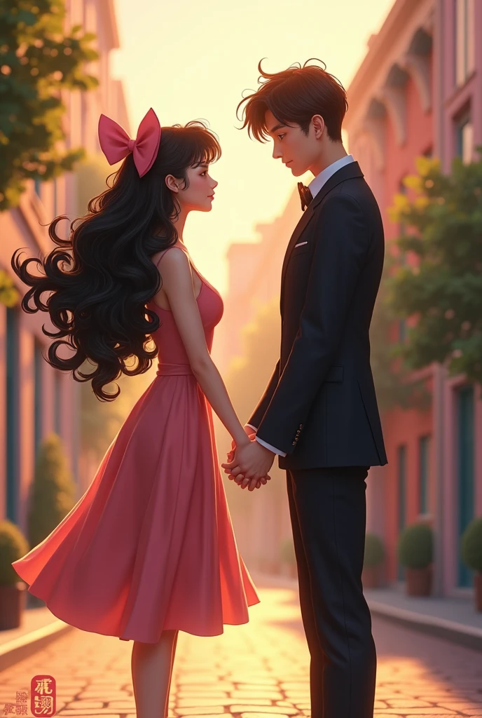Make 1 woman from behind, Bblack hair, long and curly. She wears a pink bow in her hair and a handbag.. The Woman wears 1 midi dress. Holding hands with the woman, make a tall white man in formal clothes, with brown hair and a short haircut in a street background with houses