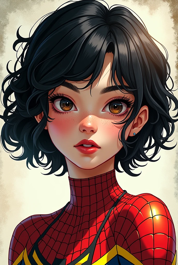 Make me a comic book girl dressed as spiderwoman, quite a bit of short black curly hair with yellow part below, semi-slanted eyes, semi-wide nose with freckles on parts of his face, face outlined with something round, Very pretty semi-wide lips and white skin, black eyes with some brown.. We don&#39;t know much