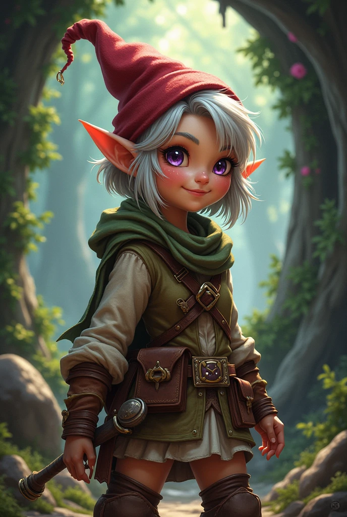 create the image of a gnome woman, her hair is short, light colored and unruly, your tanned skin, your purple eyes, is smiling, your outfit is rpg rogue style d&d

