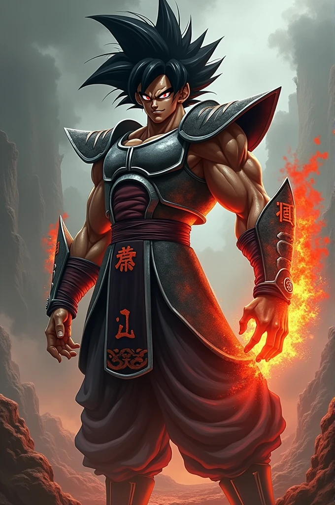 (I stand here, towering above my enemies at 6'6", my presence alone a beacon of terror on the battlefield. My body, lean yet unyielding at 193 pounds, is a testament to my relentless training and the battles that have forged me. My hair, wild and black, spikes upwards like a crown of chaos, a reflection of the untamed power coursing through my Saiyan blood. The ancient Saiyan symbols etched into my face glow with a sinister crimson light, an omen of the devastation I bring. My eyes, ablaze with a furious red, reveal the darkness that fuels me, a darkness far beyond mere anger—a hatred born from a lifetime of war.

My armor, once pristine, now bears the scars of countless battles, each crack and dent a story of survival. It clings to my body like a second skin, molded to my form by the heat of battle and the intensity of my Saiyan might. But it’s my right arm that tells the true story of my power. From shoulder to fingertip, it is engulfed in a black flame, a cold, devouring fire that consumes light and leaves only despair in its wake. This cursed power, a manifestation of my inner darkness, has become an extension of my will. It pulses with my heartbeat, each throb a reminder of the destruction I am capable of unleashing.

As I survey the battlefield, my eyes lock onto my next target, and a smirk forms on my lips. The world around me recoils in fear, as if it senses the chaos I am about to unleash. I am no longer just a Saiyan warrior—I have become a harbinger of doom, a creature of darkness forged in the fires of war. In this world of Teigu and assassins, I am a force of pure, unrelenting destruction. Those who dare to stand against me will learn that they are not facing a man, but a nightmare, a being driven by an insatiable hunger for battle and a thirst for annihilation.)