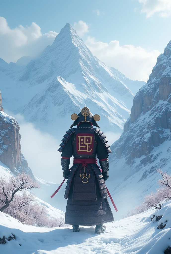 Snowy majestic scenary, Japanese samari wearing a helmet with 'COS' on his helmet