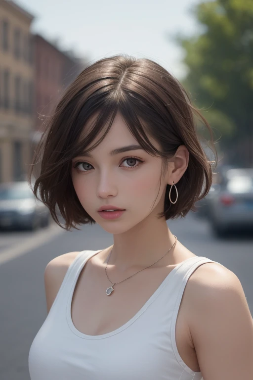 (photograph:1.2)、(photorealistic:1.3)、(masterpiece:1.3)、(Highest image quality:1.4)、ultra high resolution、(detailed eyes)、(detailed facial features)、(Detailed garment features)、8k resolution、solo focus、2 mature woman、small face、no makeup、Detailed beautiful eyes、bangs、dark brown hair、short cut hair、(realistic skin)、beautiful skin、charming、ultra high resolution、Super realistic、High definition、white shirt open,middlebre、small breasts、bust B cup、small breasts、cool beauty、Gray background、cinematic lighting、perfect、soft light、High resolution skin:1.2、realistic skin texture、2 mature woman、small face、no makeup、Bust B Cup、Detailed beautiful brown eyes、short hair、dark brown hair、Cool beauty、gray background high quality、masterpiece、High resolution、1 female、necklace、gem、Earrings、Beautiful Face、Body Up、Tyndall effect、Realistic、Rim Light、Two-tone lighting、(High resolutionスキン:1.2)、8k ウルトラHD、Digital SLR、Soft lighting、high quality、Volumetric lighting、photograph、High resolution、4K、8k、Brown haired woman、Adult、Small eyes、Perfect Mouth、Highly detailed eyes and mouth、Black natural eyes、Pure brown hair color、lol、Caucasian skin color、White shirt and random color tank top、Hair quality and shine、street、town、road、congestion、lol顔,Upper teeth(Black tank top)