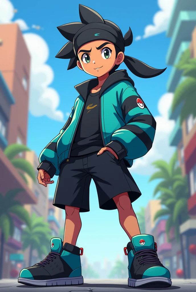 Make an Indian Pokémon trainer with a skater outfit and a bandana on his forehead. I want the color of his clothes to be black and cyan, but I want it with Pokémon anime features. I want the bandana to be black.