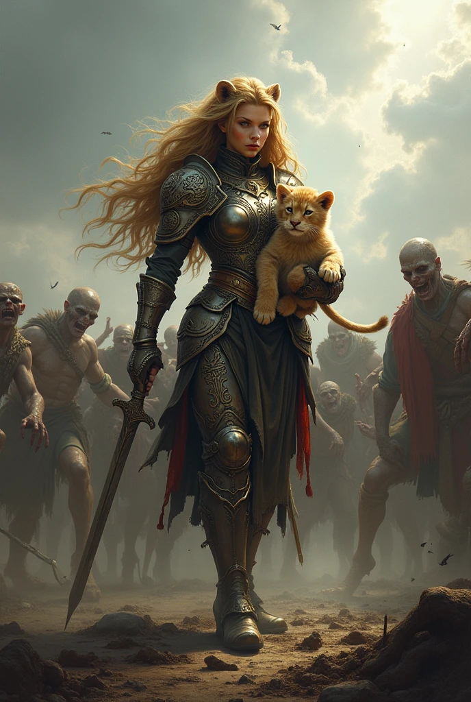 A humanoid lion warrior, with her lion cub on her lap, being attacked by a horde of zombies