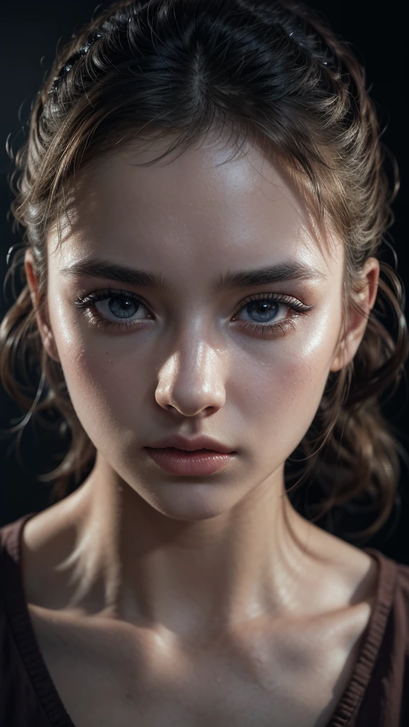 Best quality, masterpiece, ultra high res, (photorealistic:1.4), raw photo, 1girl, waist up, deep shadow, dark theme, cinematic, beautiful girl, beautiful eyes, 
