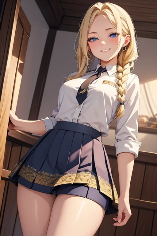 A beautiful blonde woman with three braids and deep red eyes, gazing condescendingly at the viewer with a cute grinning expression, extremely detailed, masterpiece quality, ultra-detailed, HDR, studio lighting, vivid colors, physically-based rendering, thick thighs, exective officer, (((wearing short skirt)))