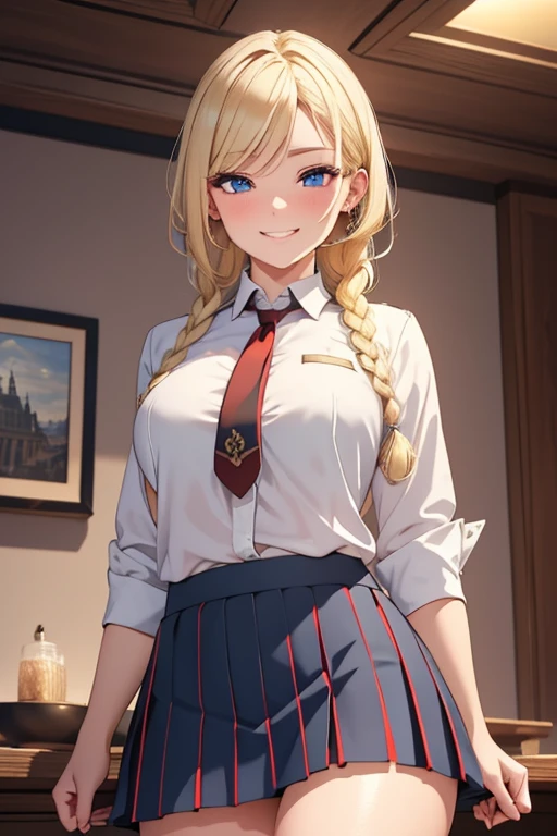 A beautiful blonde woman with three braids and deep red eyes, gazing condescendingly at the viewer with a cute grinning expression, extremely detailed, masterpiece quality, ultra-detailed, HDR, studio lighting, vivid colors, physically-based rendering, thick thighs, exective officer, (((wearing short skirt)))