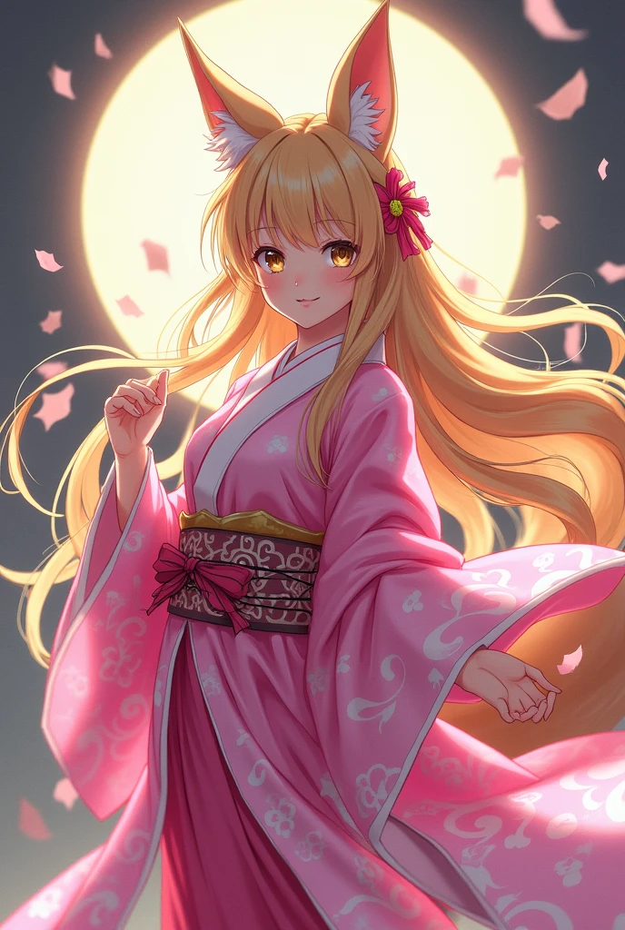 in a Demon Slayer art style, make a yung ladie, with long blonde hair, brown eyes, kitsune ears, and she's using a pink and white kimono.