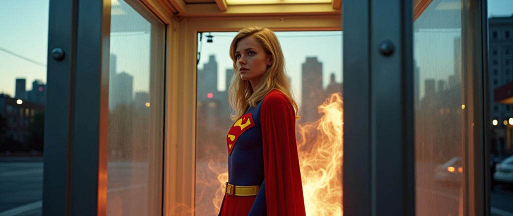 Helen Slater transforming into Supergirl (((1980 Superman costume)))in a phone booth