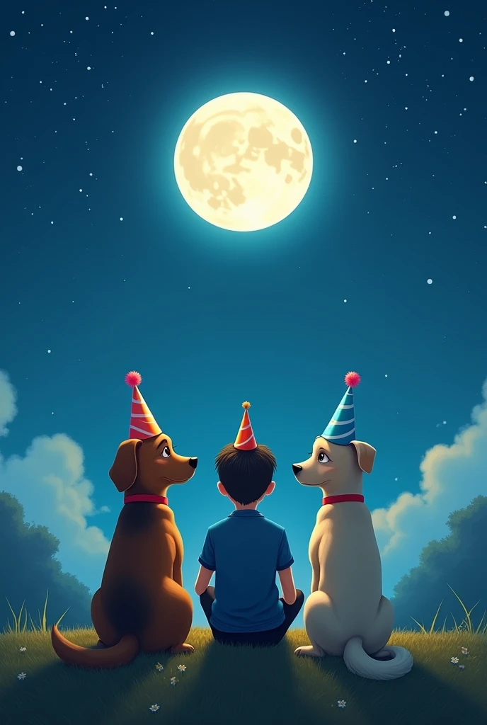 two dogs back to back looking at the moon. A large beagle dog and a small Labrador dog. And a young man with his back turned sitting looking at the moon. All the dogs are wearing birthday hats and are looking at the moon. With the young man in the middle with the birthday hat
