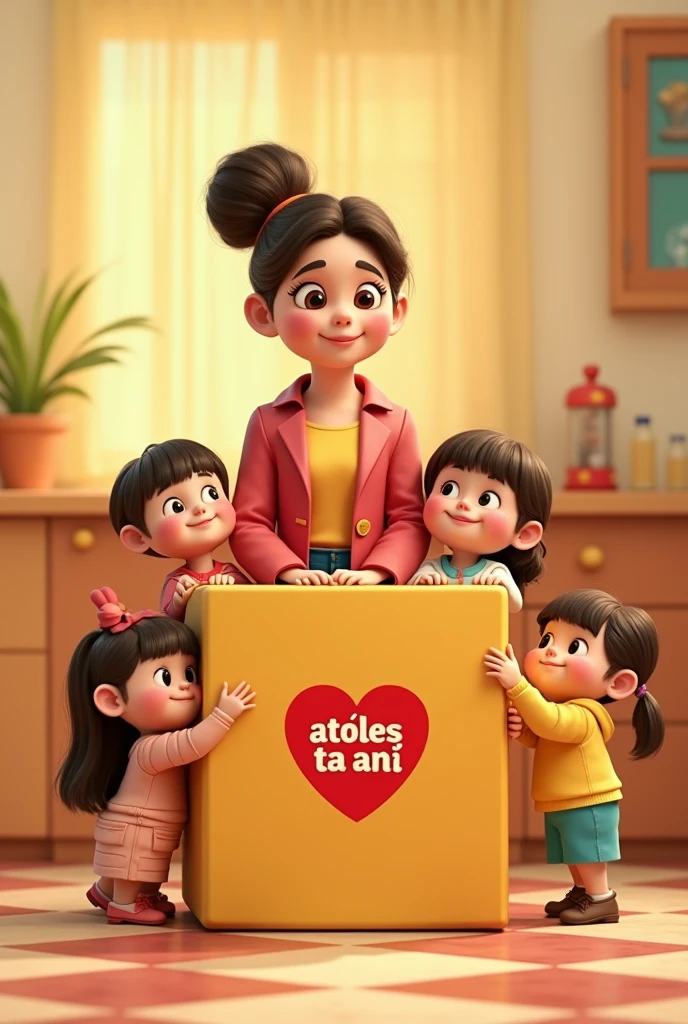 Box with the logo in red Atoles Tía Aní, the besh and yellow color box, a woman and children