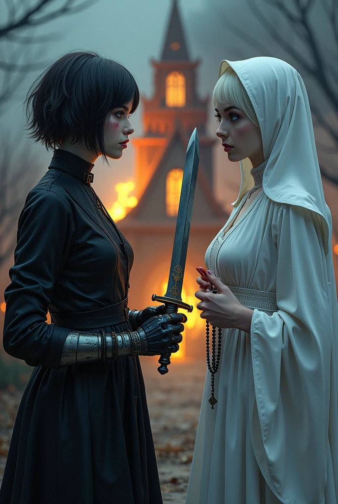 Two pale middle-aged girls with violet eyes and white hair, with the one on the left with short hair in dark alchemist clothes and with a steampunk prosthesis holding a dagger with the baphomet symbol in her left hand, and a cut on the face, and the one on the right in white nun's clothes holding a rosary, with a burning church behind, the night.