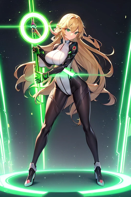1girl, green eyes, blonde hair, long hair, large breasts, hourglass figure, bodysuit, white bodysuit, neon, neon trim, machinery, tech, science-fiction, futuristic, serious, standing, full body, ((full body)),, pantyhose, black pantyhose, wavy hair, fighting stance, robot girl, sword, lightsaber,