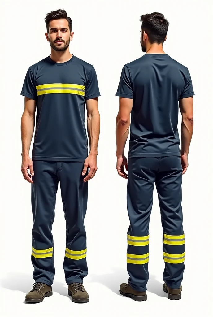 Drawings of a person from the front and back wearing safety clothing, a navy blue t-shirt and navy blue pants with a yellow reflective stripe on the chest horizontally, as well as a stripe on the sleeves of the t-shirt, back, and calves from the back and front, which are used in the Quilmes brewery and malt house