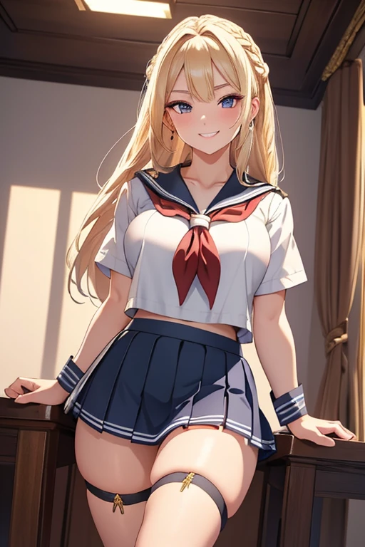 A beautiful blonde woman with three braids and deep red eyes, gazing condescendingly at the viewer with a cute grinning expression, extremely detailed, masterpiece quality, ultra-detailed, HDR, studio lighting, vivid colors, physically-based rendering, thick thighs, exective officer, (((wearing short skirt and sailor uniform)))