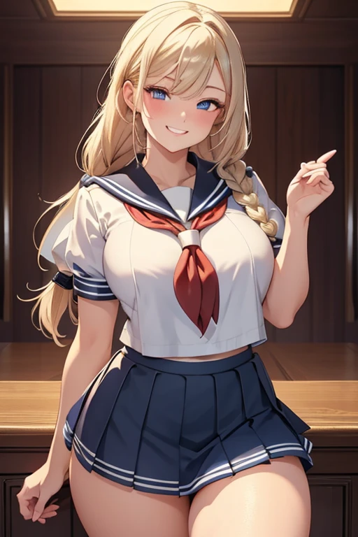 A beautiful blonde woman with three braids and deep red eyes, gazing condescendingly at the viewer with a cute grinning expression, extremely detailed, masterpiece quality, ultra-detailed, HDR, studio lighting, vivid colors, physically-based rendering, thick thighs, exective officer, (((wearing short skirt and sailor uniform)))