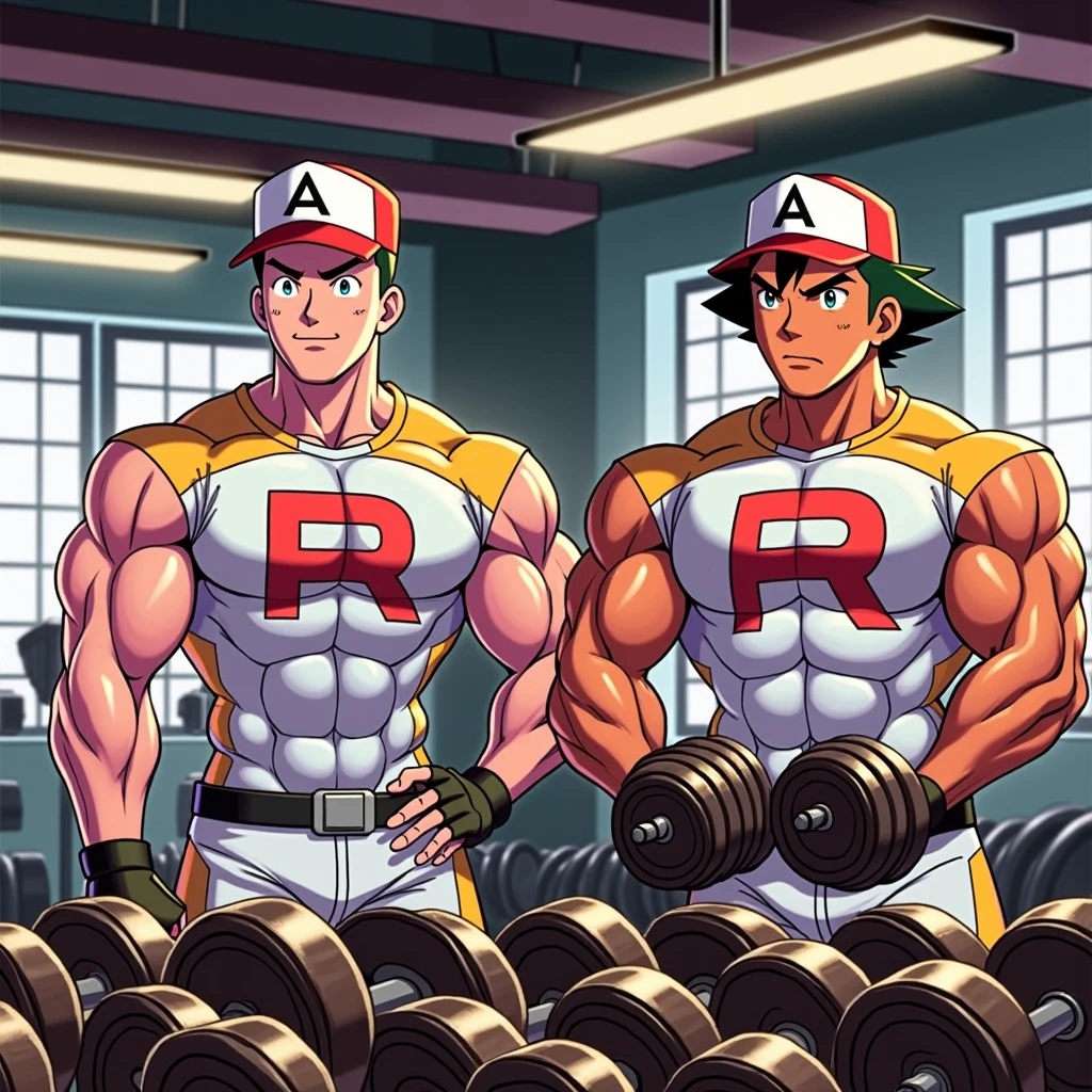 Ash Ketchum and Gary Oak from Pokémon wearing Team Rocket uniforms while lifting dumbbells in a gym staring ahead blankly under hypnosis into a monitor displaying a hypnotic spiral while repeating the mantra, "Obey Giovanni...." and growing into muscular Team Rocket grunts loyal to Giovanni. Digital art. big biceps. big triceps. broad shoulders. big traps. Big meaty pecs. Swollen glutes. Dumber and dumber. IQ drain. brainwashing. big traps. big deltoids. Big lats. Hyper bulging crotch.