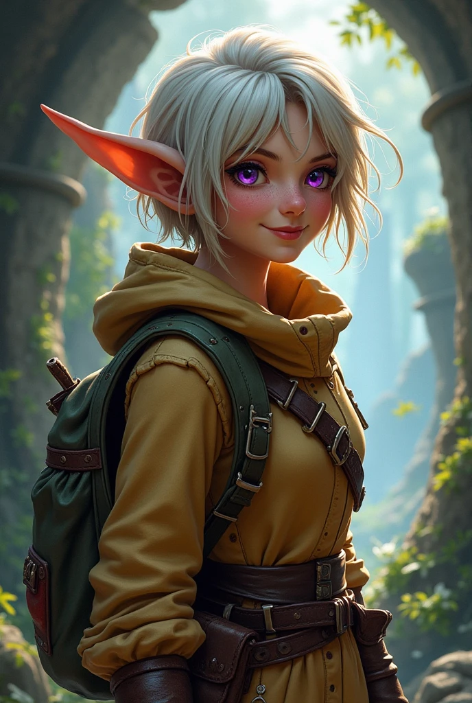 create the image of a gnome woman, her hair is short, light colored and unruly, your tanned skin, your purple eyes, is smiling, your outfit is rpg rogue style d&d
