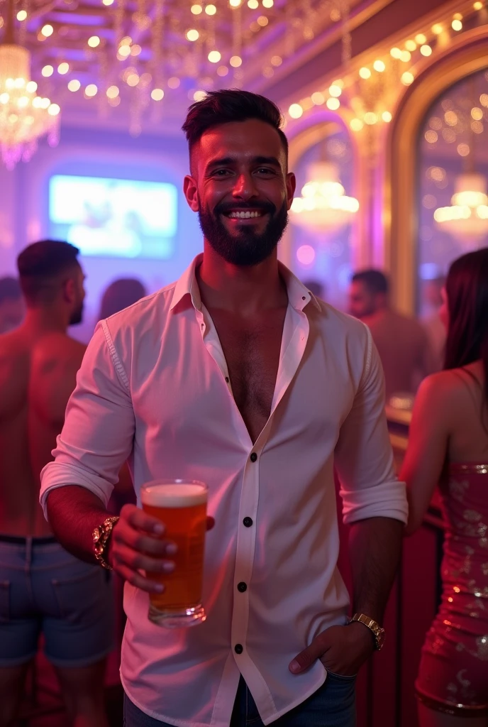 A bearded Brazilian man in a glittering nightclub, wearing a white shirt with black buttons, highlighting his smile and a glass of beer in his hand.