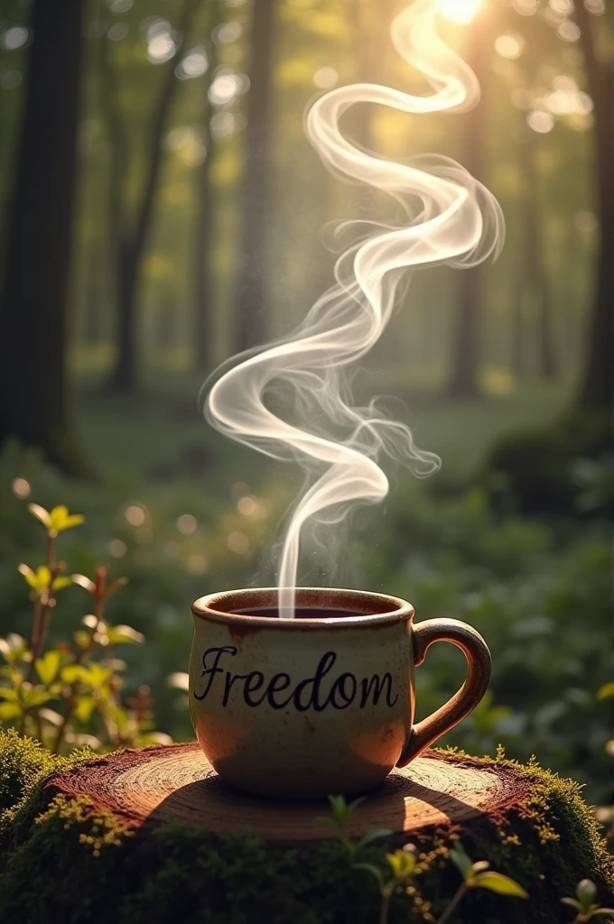"A playful wisp of silver smoke, with the elegant word 'Freedom' swirling on the rim of a rustic, chipped ceramic mug filled with freshly cooked dark roast. The scene takes place within a cozy forest glen, where the Soft rays of sunlight pierce through the dense vegetation, creating bright rays that intertwine with the dancing smoke. The color palette is a mix of deep forest greens, muted browns and flashes of soft amber, giving the entire environment a unique feel. magical, dreamlike quality, as if captured in a fleeting moment of serene enchantment in nature's hidden sanctuary."