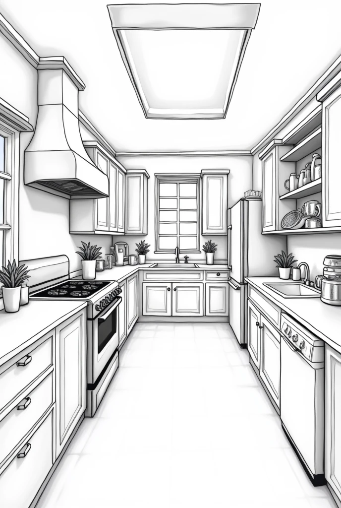 Black and white cartoon painting without color kitchen with all the facilities