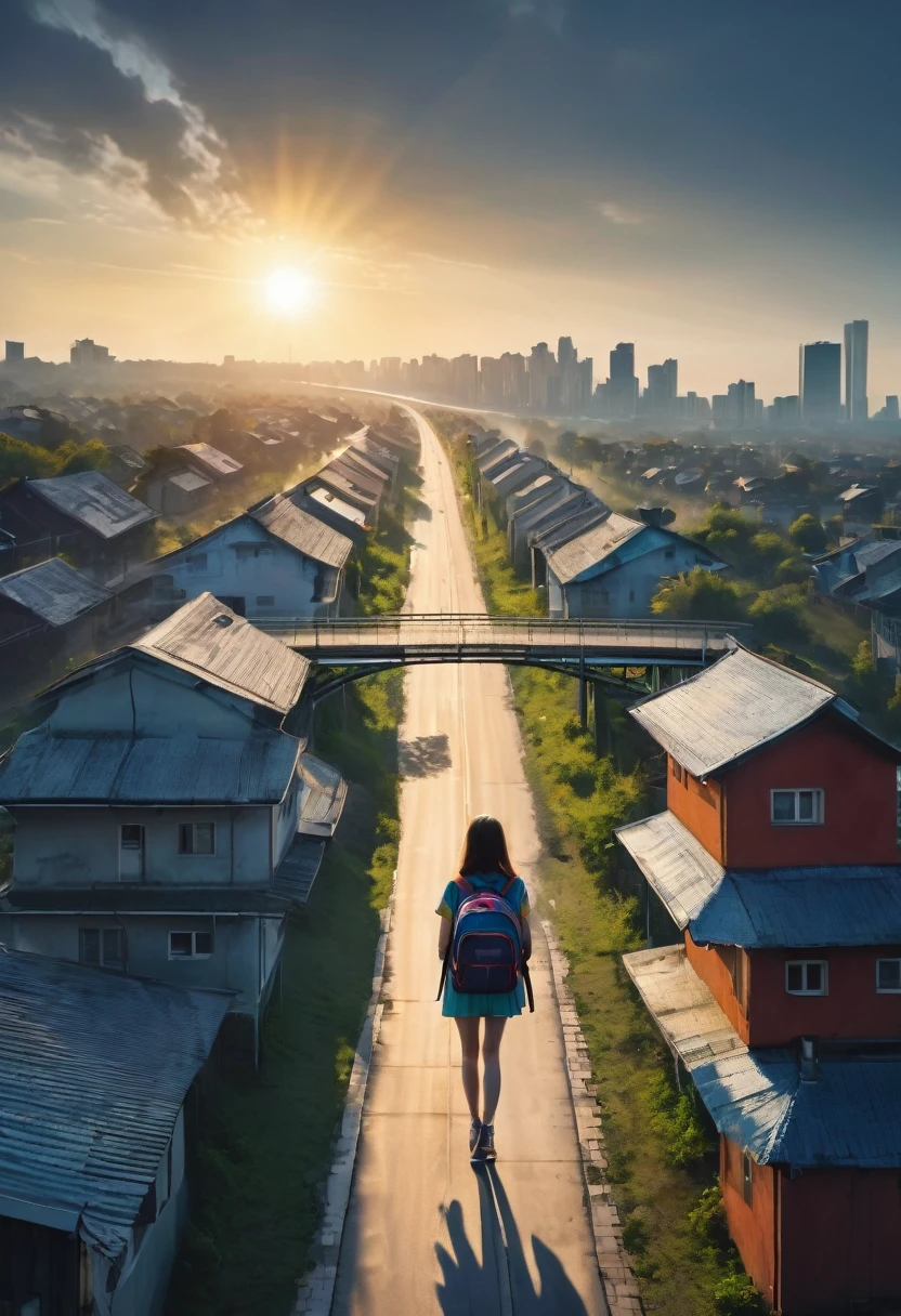 girl with a backpack, above a small house, a highway bridge in the middle of the image, the highway passes next to the houses on the left, a large city under the bridge, the sun rising at the end of the image highway, cinema-type image, photography, little color