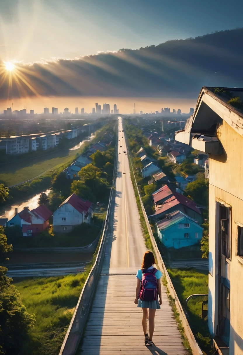 girl with a backpack, above a small house, a highway bridge in the middle of the image, the highway passes next to the houses on the left, a large city under the bridge, the sun rising at the end of the image highway, cinema-type image, photography, little color