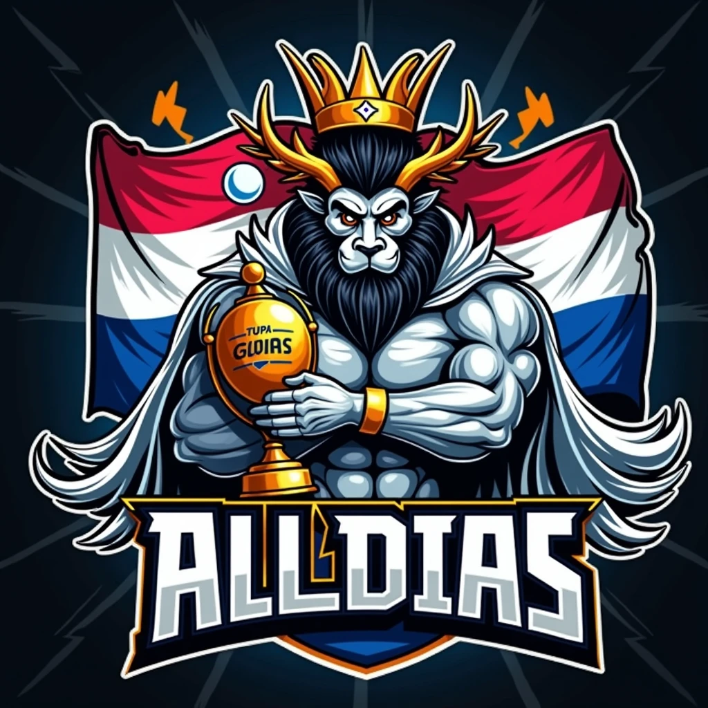 a sports logo with the name ALDEIA, with a mascot of the thunder god Tupã holding a trophy with "GOAT" written inside, detailed, epic, powerful, dynamic, cinematic, masterpiece, 4k, 8k, hyper-detailed, highly realistic, photorealistic, dramatic lightning, intense colors, muscular male figure, flowing cape, determined expression, laurel wreath, gold trophy, bold typography, dynamic composition