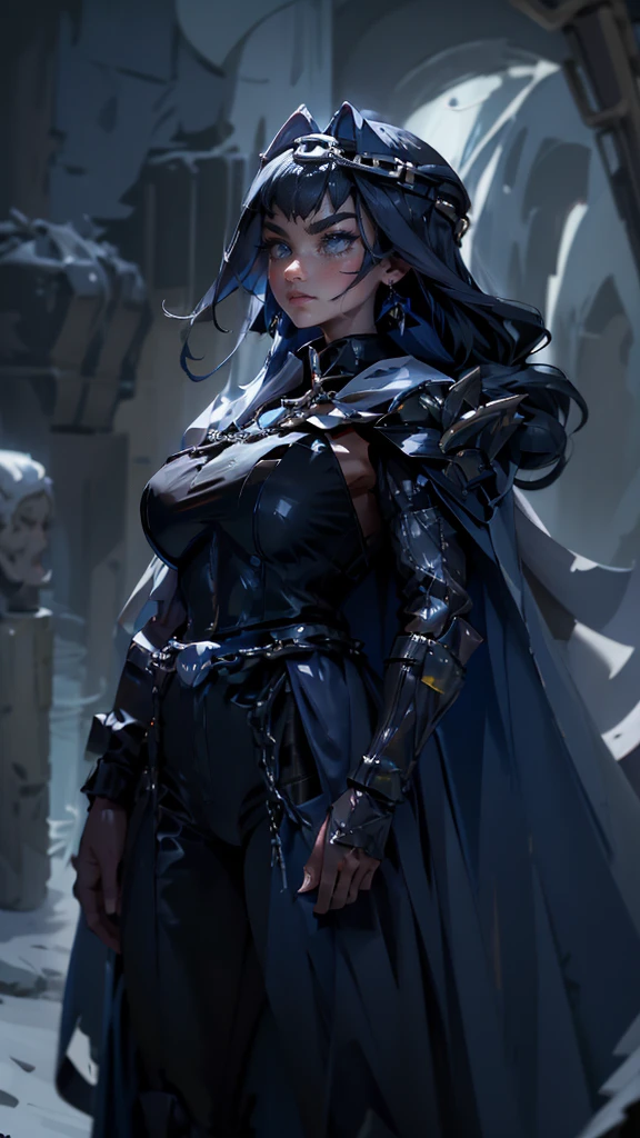 envision a 8k, highres, cinematic, fully body design sheet of a fierce empress Big tall girl named Kronii Ouro with long dark blue hair in a bun, blue eyes, wrapped in chains, wearing a tight black superhero suit with a long flowing blue cape, a black helmet mask against a dark background