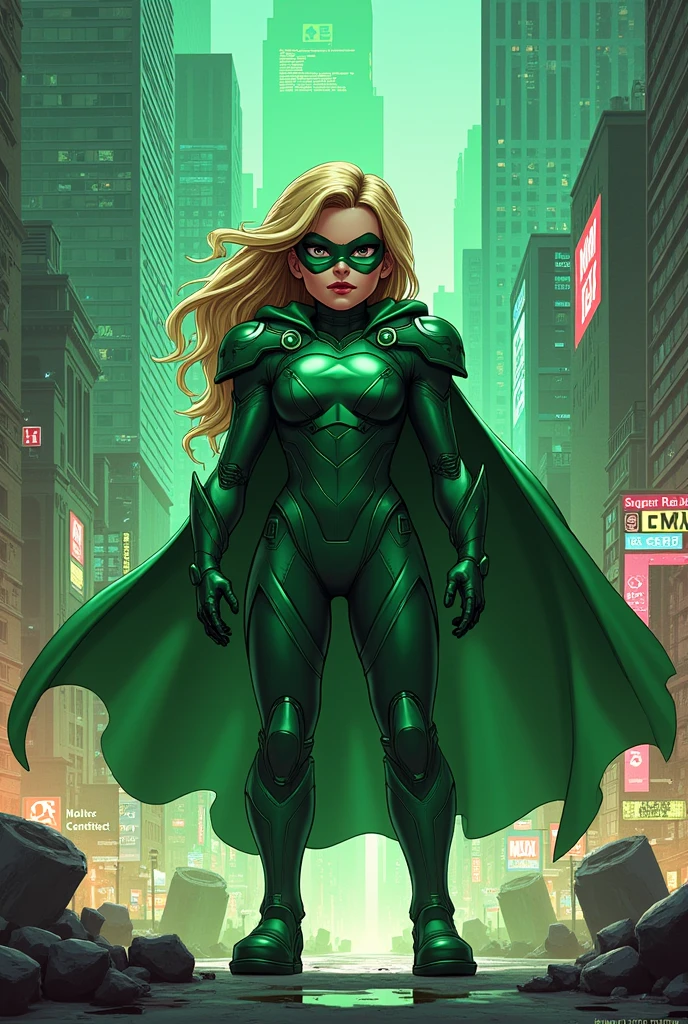 Comic book cover showing the heroine, a Super Roblox, with a dark green outfit. The background is a mix of a real city and elements of a digital world..