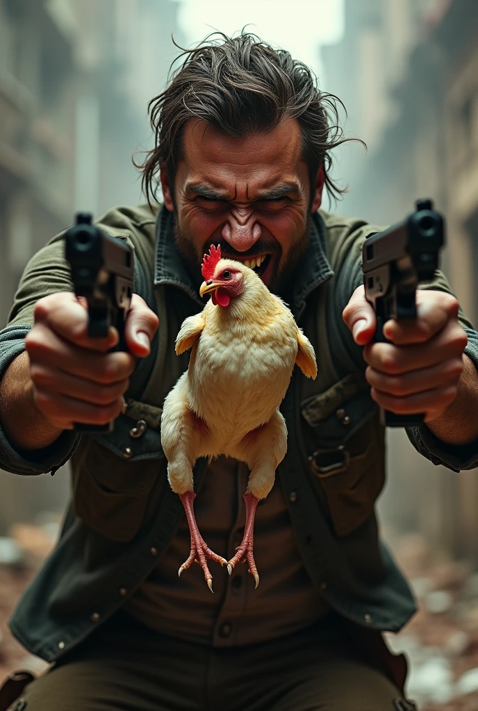 Angry man, with two pistols, and a chicken in the mouth dead 