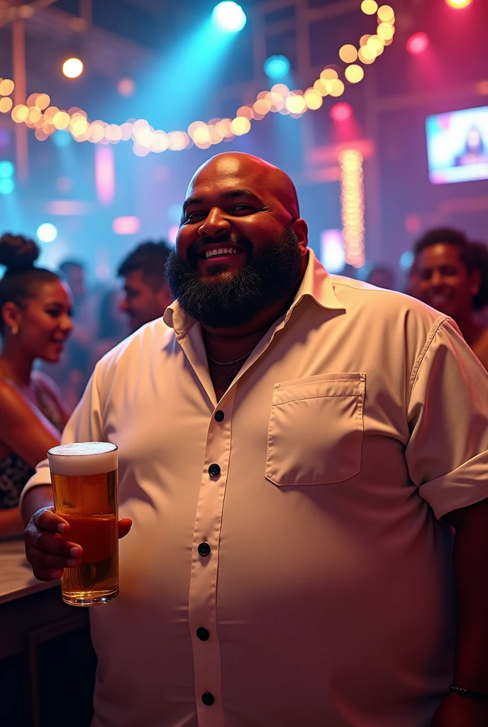 An obese, bearded Brazilian man in a glittering nightclub, wearing a white shirt with black buttons, highlighting his smile and a glass of beer in his hand.