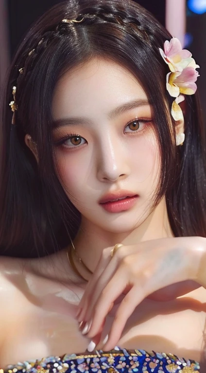 a close up of a woman with a flower in her hair and golden eyes, asian beautiful face, artgerm and ruan jia, beautiful chinese model, beautiful south korean woman, Jisoo from blackpink, Jisoo from blackpink, Chinese girl, Yun Ling, ruan jia and artgerm, dilraba dilmurat, li zixin, Sha Xi, ruan jia beautiful!