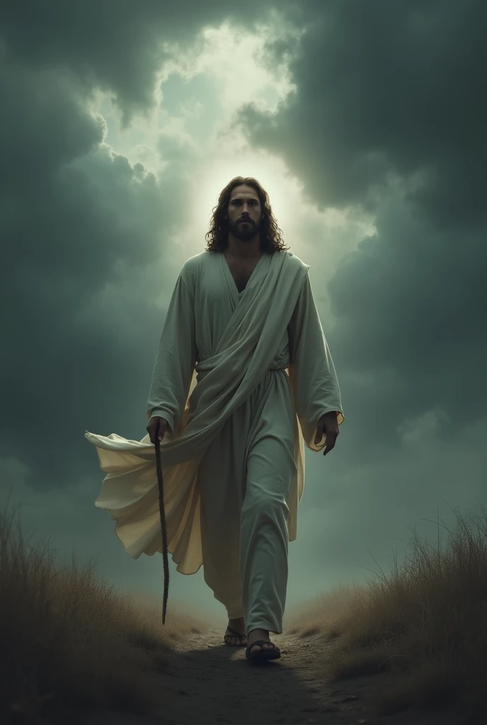 Create a dramatic and contemplative image of Jesus walking through a dark, overcast sky. Depict Jesus with a serene and steadfast expression, walking with purpose and grace. The sky should be filled with heavy, dark clouds, casting a somber and intense atmosphere. The ground beneath Him should be subtly illuminated, creating a contrast between His calm demeanor and the foreboding sky. Soft, ethereal light or a faint halo might surround Jesus, suggesting divine presence and inner peace amidst the gloom. The overall mood should convey a sense of quiet strength, resolve, and hope despite the oppressive surroundings.

