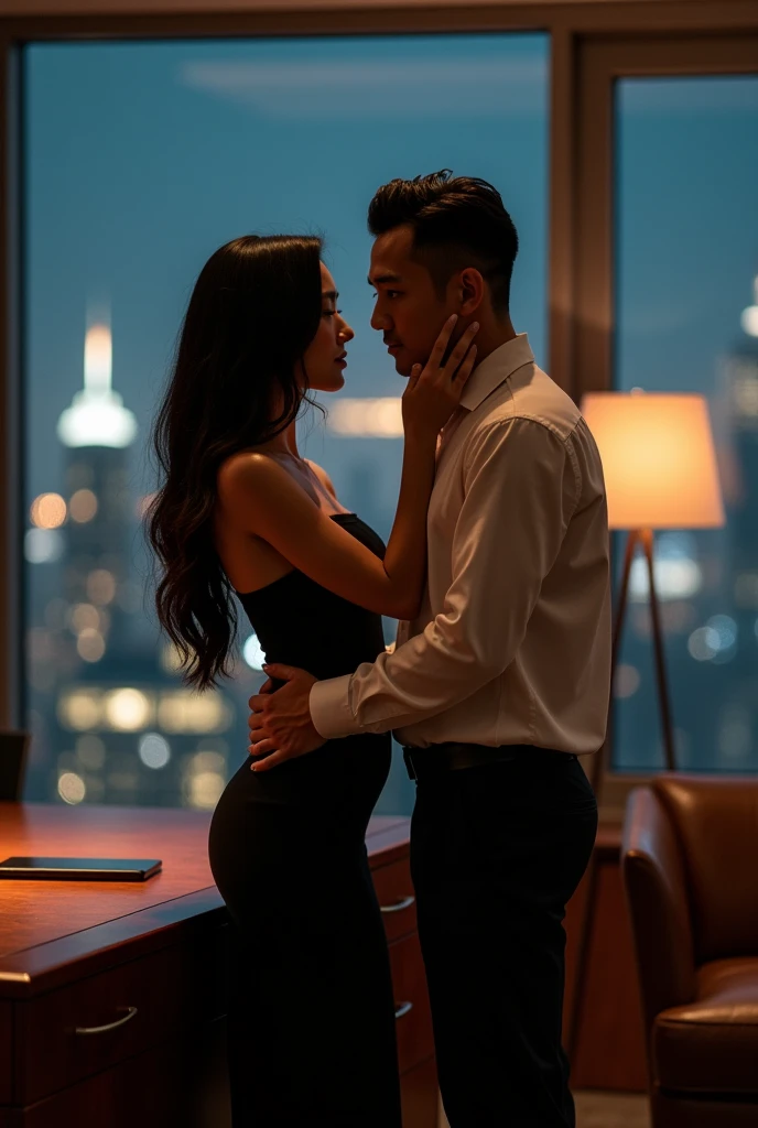 A sophisticated, dimly-lit office with floor-to-ceiling windows overlooking a city skyline at night, Evelyn Chen, a confident and stunningly beautiful woman in her late 30s, wearing a form-fitting black dress, is leaning against her mahogany desk, her hand gently caressing the cheek of Alex Tanaka, a handsome 1 intern, who stands close to her. He is dressed in a crisp white shirt and black trousers, his eyes locked onto hers with a mix of admiration and desire. The tension between them is palpable, as the city lights cast a soft glow, highlighting the forbidden nature of their relationship. Cinematic lighting, bokeh background, high detail, 4K.
