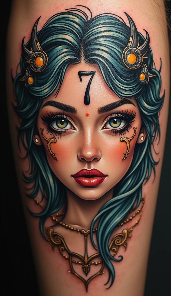 a detailed tattoo art with number 7, beer, aries and gemini symbols, beautiful detailed eyes, beautiful detailed lips, extremely detailed eyes and face, long eyelashes, realistic, photorealistic, photo-realistic:1.37, best quality,4k,8k,highres,masterpiece:1.2,ultra-detailed,vivid colors,studio lighting,ultra-fine painting,professional