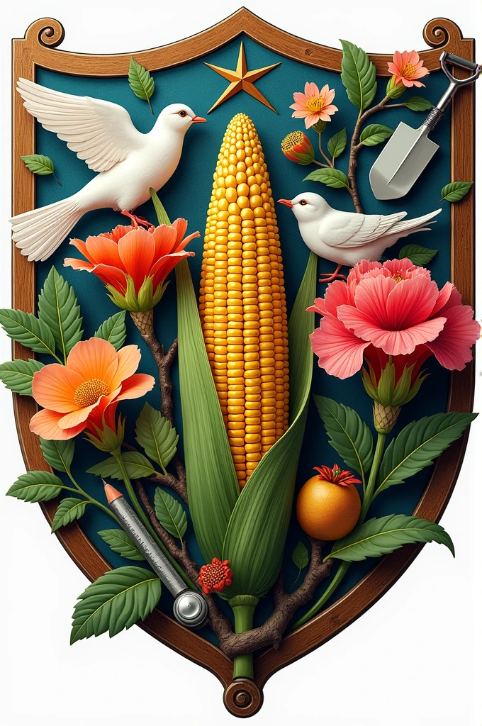 Create a shield with the name Cortés Martínez, with the following characteristics: 
Birds, begonias, corn on the cob, cats, fruit trees, a rule, a shovel, a stethoscope and a pencil.

