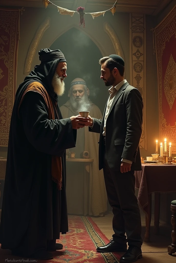 20th century Muslim magician with a cup of tea in his hand offering it to a Jewish student wearing a kippah . Inside an Arab hut, all very demonic