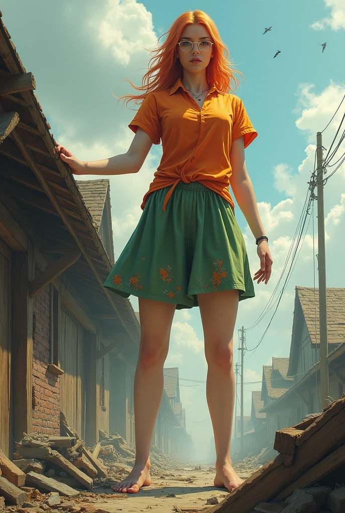 Create a large image of a giant woman. She has orange hair, short orange shirt with ripped sleeves, short verde, SHE IS BAREFOOT, she has glasses and she is holding a roof because she ripped a roof off a house