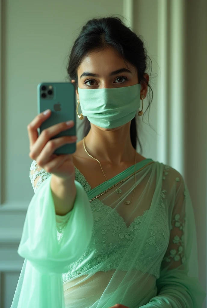 Aesthetic Indian Girl blindfolded Duct tape gagged in light green shimmering prom saree Taking selfie