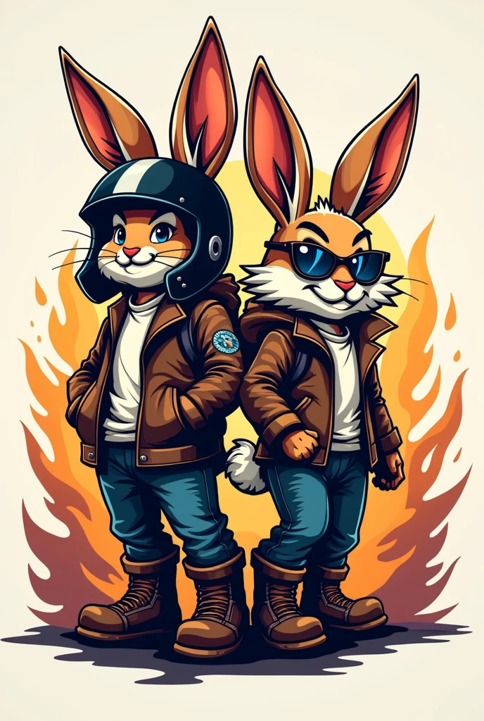 Create a slightly aggressive but animated vector logo with two naked rabbits, One with a motorcycle helmet with his ears sticking out of the helmet, plus a leather vest and boots, the other a female with glasses a leather vest and boots