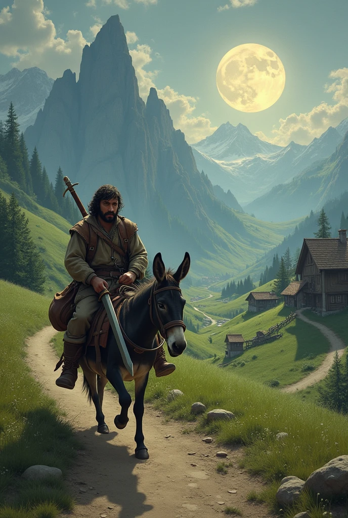 A peasant adventurer, with a leather bag riding his donkey with a simple sword In the style of a retro 80s Dark Fantasy movie In a setting of green fields, mountains in the background, a medieval wooden village, and the moon