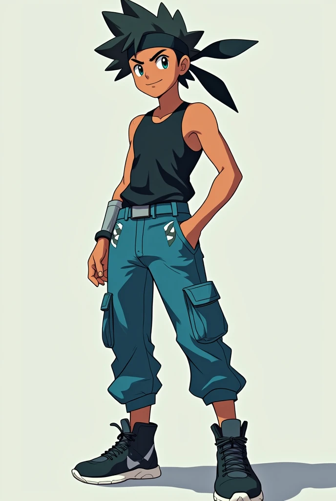 Make an Indian Pokémon trainer with a skater outfit and a bandana on his forehead. I want the color of his clothes to be black and cyan, but I want it with Pokémon anime features. I want the black bandana. Last request, I want him like that. I just want him to change his hair. Give him a mid-part cut.