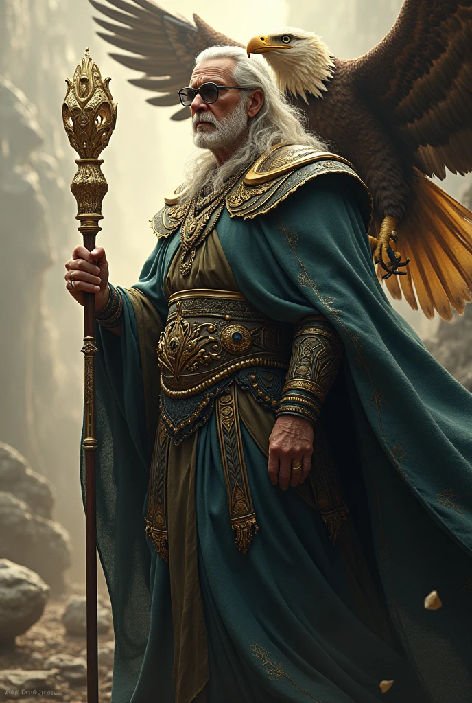 Zeus Delgado with glasses, an eagle and a scepter