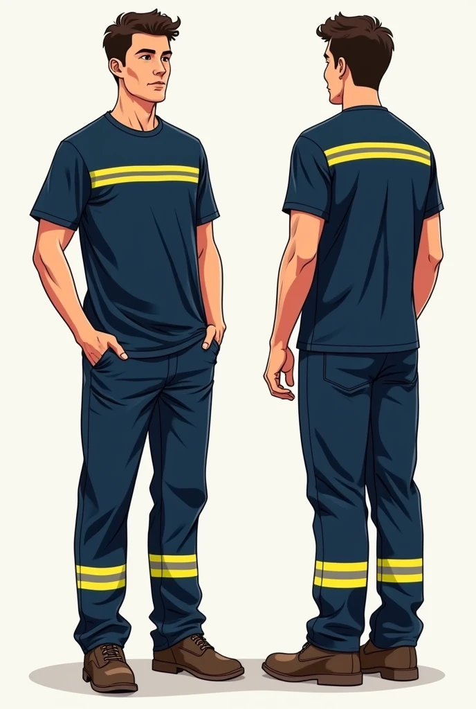 Drawings of a person from the front and back wearing safety clothing, a navy blue t-shirt and navy blue pants with a yellow reflective stripe on the chest and back horizontally, as well as a stripe on the sleeves of the t-shirt, back, and calves from the back and front, which are used in the Quilmes brewery and malt house 
