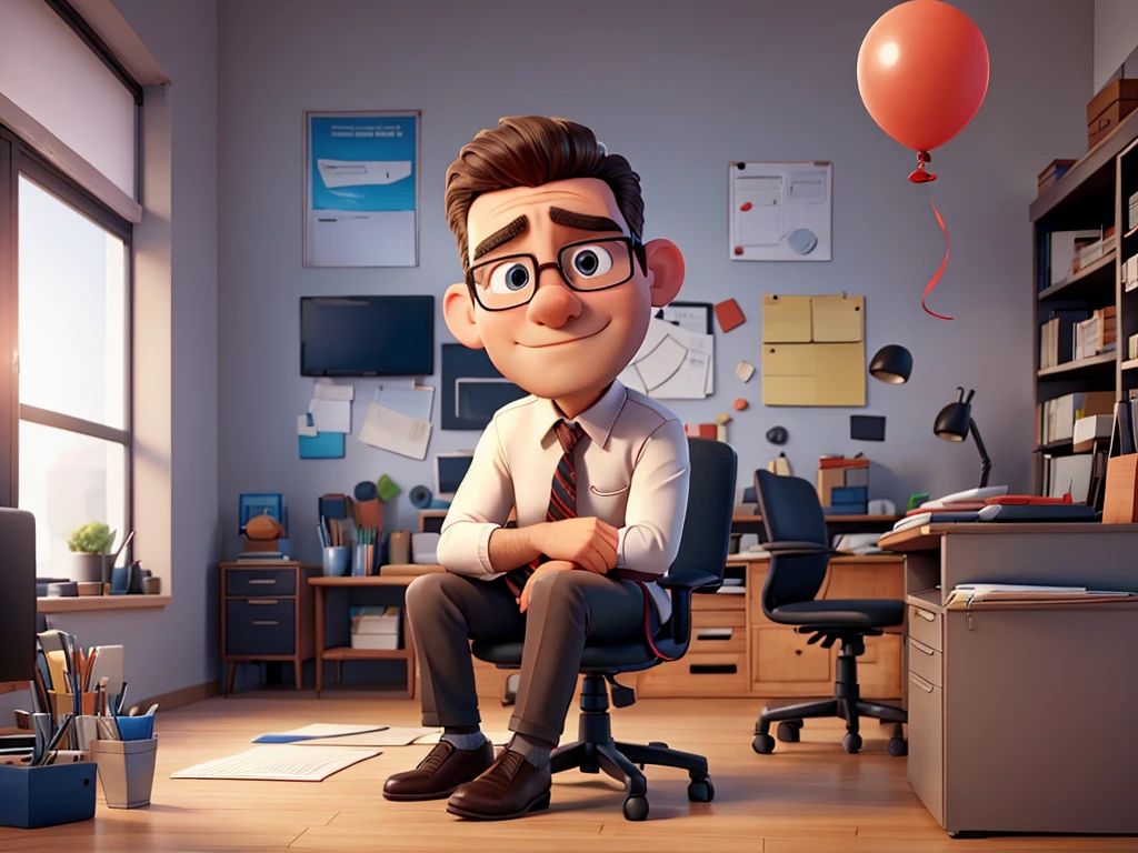 A man sitting on an office chair thinking about something, a balloon of thought