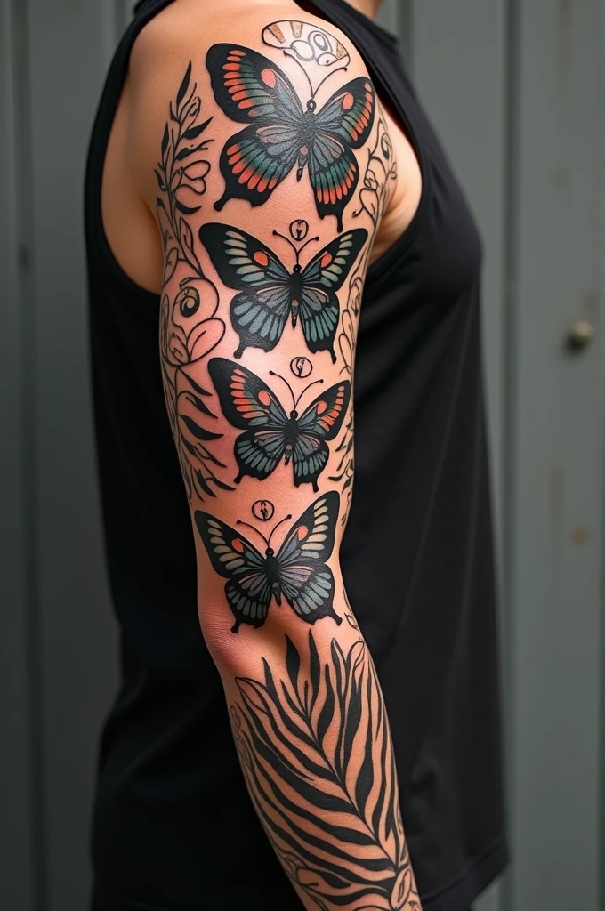 Create a tattoo sleeve with tribal style butterflies and more elements 