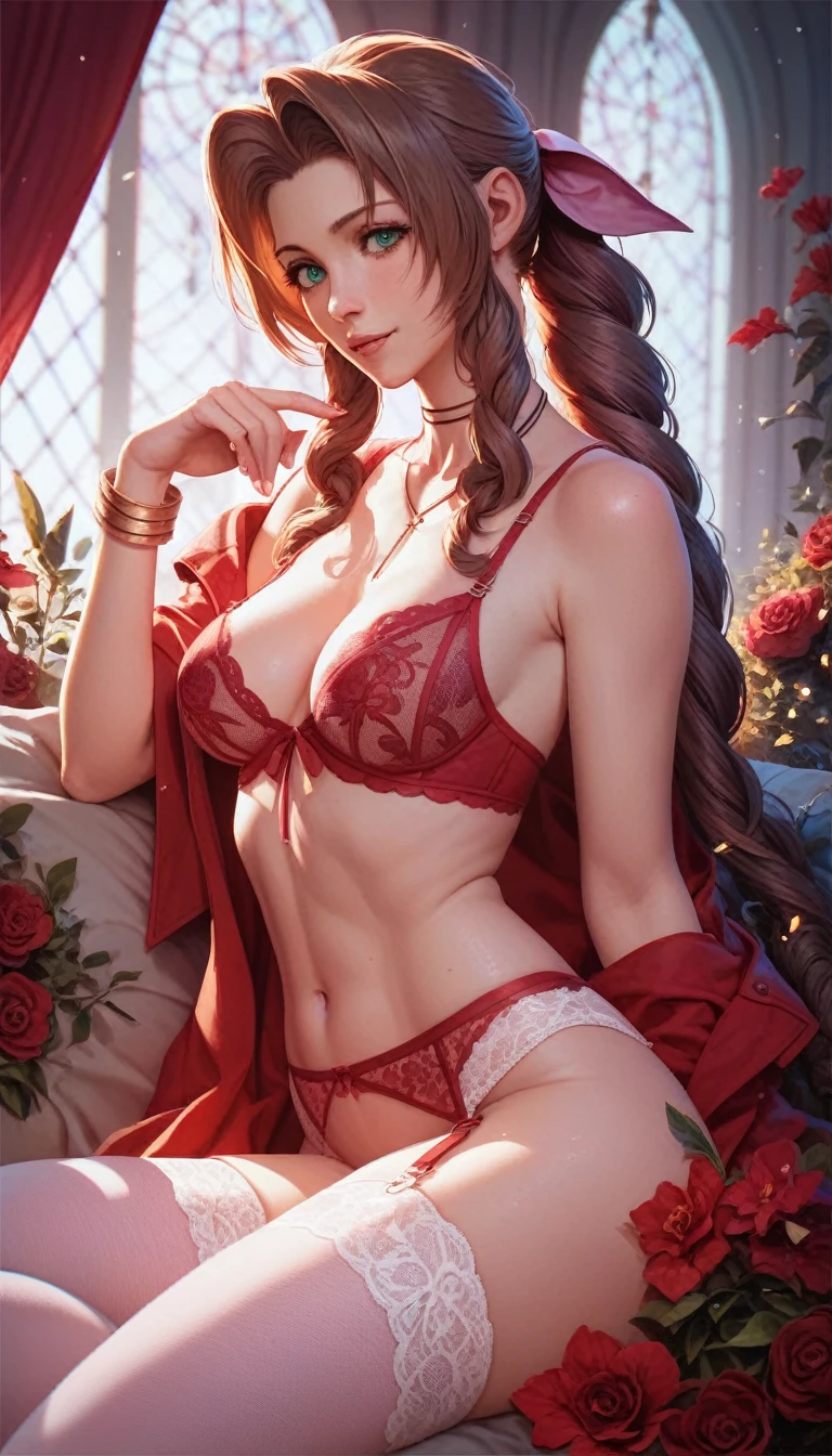 (best quality), (very aesthetic), (ultra-detailed), (best illustration),Aerith in sexy lingerie red 