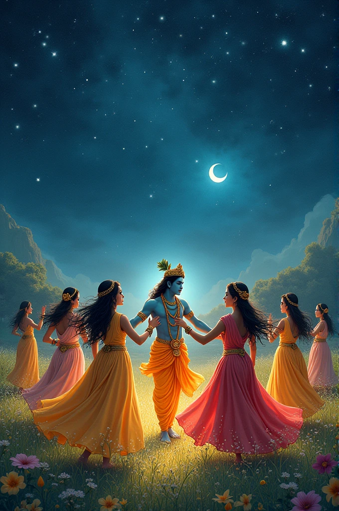 *Ras Leela:**
   "Capture the enchanting moment of the Ras Leela, where Lord Krishna dances with the gopis (cowherd girls) under the moonlight. Emphasize the grace of the dancers and the beauty of the night sky filled with stars."