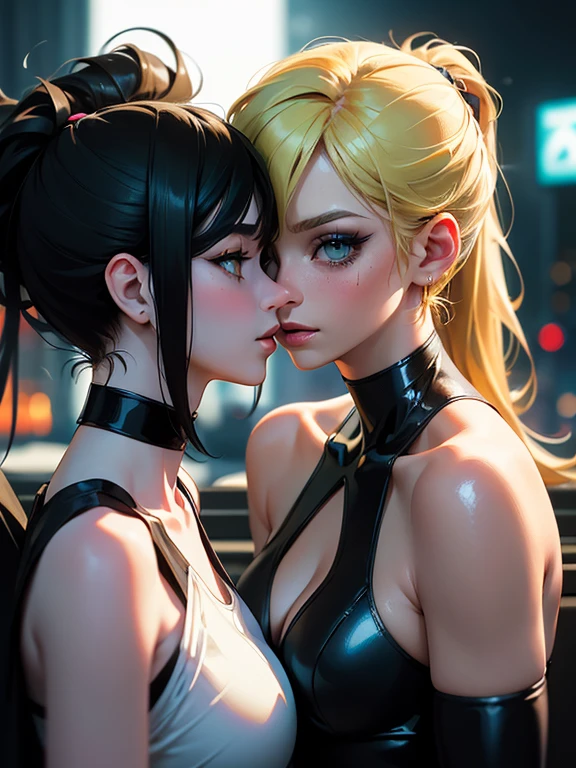 (masterpiece, best quality, 8k, sharp focus, depth of field, best shadows, perfect lights, HDR, realistic skin texture, ultra-detailed background, detailed), anime style, 2 women kissing (one of them has green eyes, white skin, black hair with ponytail, choker, small breasts, slim, makeup, eyeliner, glitter), (the other woman has blonde hair), at a night club, cyberpunk theme,  Cyberpunk City.